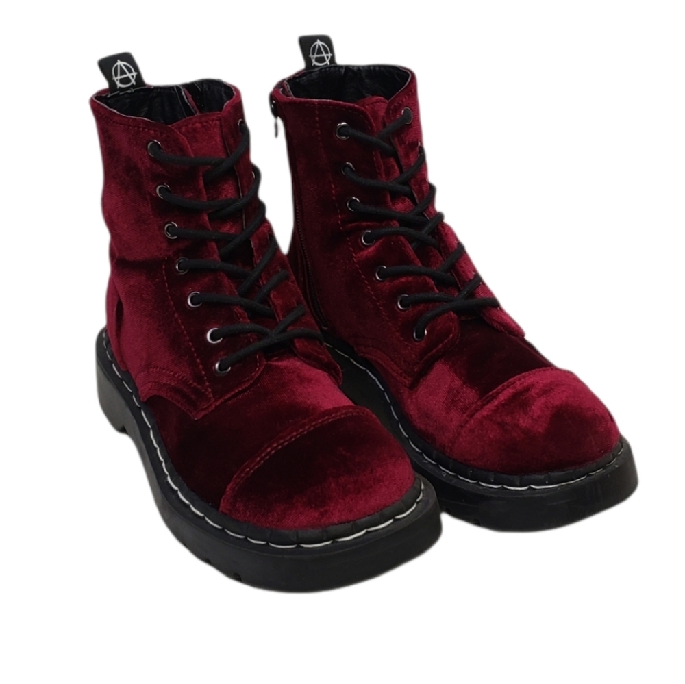 T.U.K Shoes Burgundy Velvet Anarchic Chunky Combat Boots